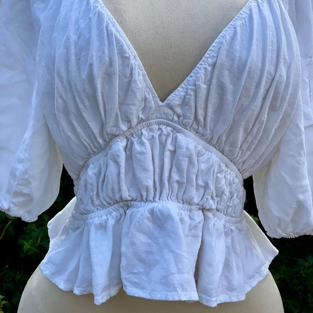 Abercrombie & Fitch Boho White Linen Blend Peplum Top Puff Sleeve Ruched - Large